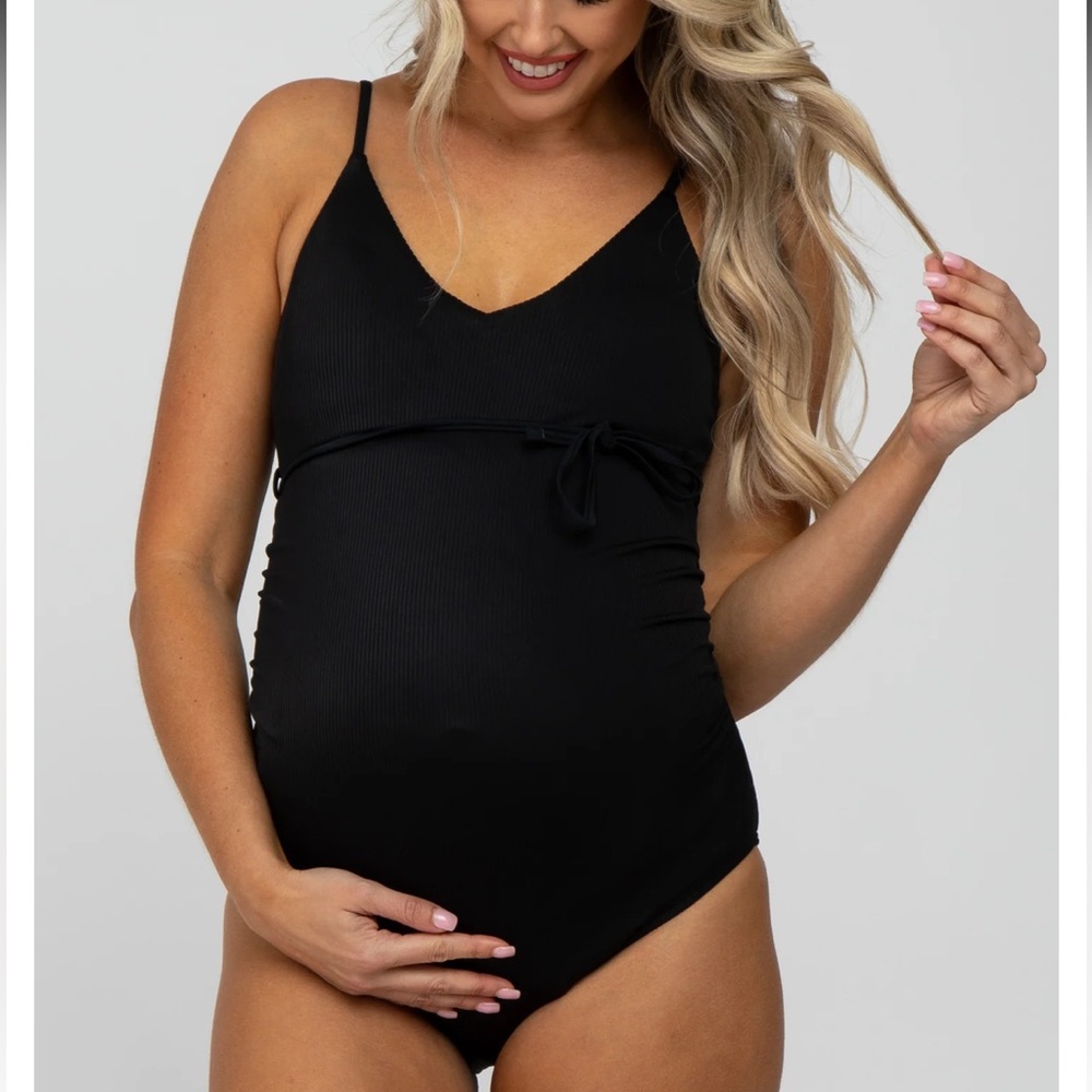 NEW Black Ribbed Tie Waist Ruched Side Maternity One Piece Swimsuit